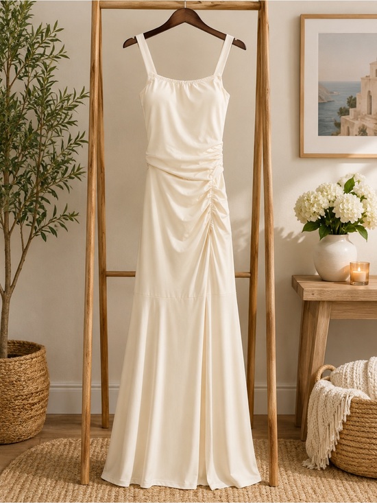 HALARA Dresses & Skirts - HALARA Ivory white Ruched Lace-Up Open Back Maxi Dress- Medium